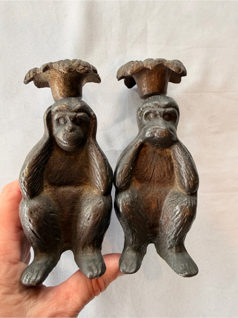 Vintage Cast Iron Monkey Candle Holders Hear & Speak No Evil